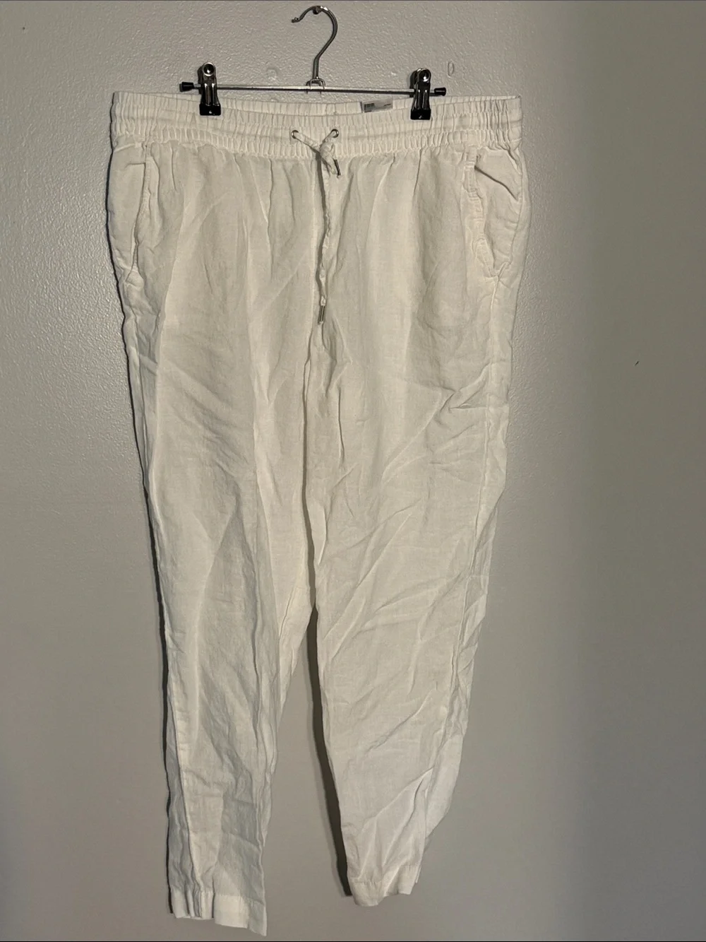 H&M White Cropped Drawstring Linen-Blend Pants